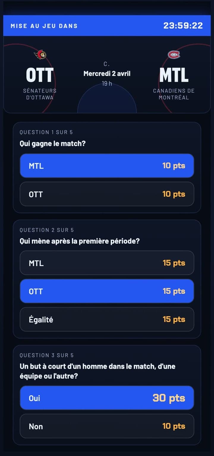 Les questions du match Ottawa contre Montréal, chacune avec ses choix et leurs points